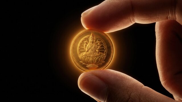 24K Indian Gold Coin Macro Close Up &ndash; Luxury Precious Metal Investment Concept