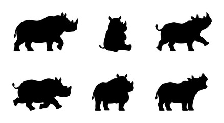 Rhino Silhouettes Collection: Six Diverse Poses of African Wildlife, Vector Icons for Nature and Safari Themes © Nodi