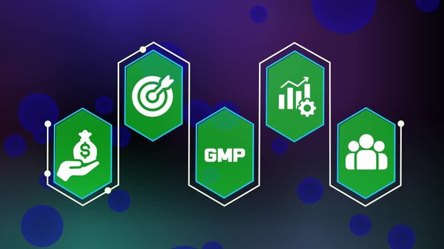 GMP concept with manufacturing compliance systems, quality process monitoring, workflow standards and modern corporate visualization design.