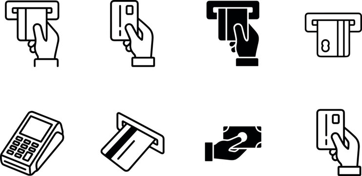 ATM and Credit Card Payment Icon Set with Cash Withdrawal, Banking Transactions, POS Terminal, and Digital Finance Vector Symbols