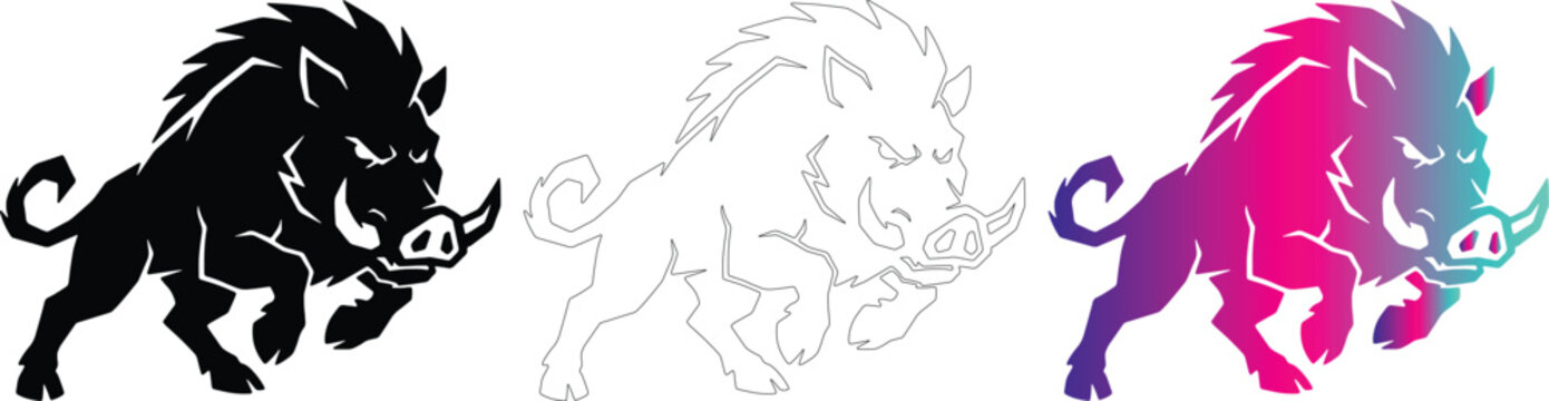 Fierce wild boar charging logo set vector illustration isolated on white background