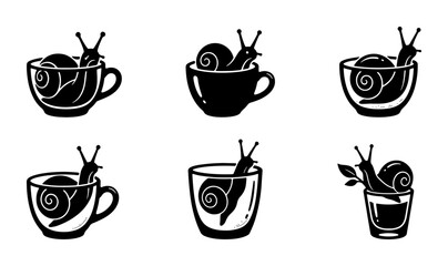Snail in Coffee Cup Icons, Slow Movement Vector Set, Black and White Gastropod Graphics for Food and Drink Concepts © Nodi