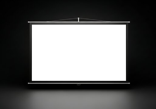 Isolated empty projector screen with white display area in dark room, business presentation, cinema, video projection, blank canvas