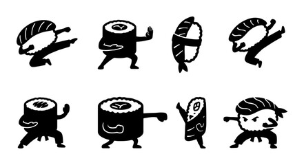 Martial Arts Sushi Icons, Karate Maki Rolls & Nigiri Characters, Dynamic Food Fight Vector Set © Nodi