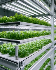 Fototapeta premium Indoor vertical farm shelves with green lettuce under LED grow lights