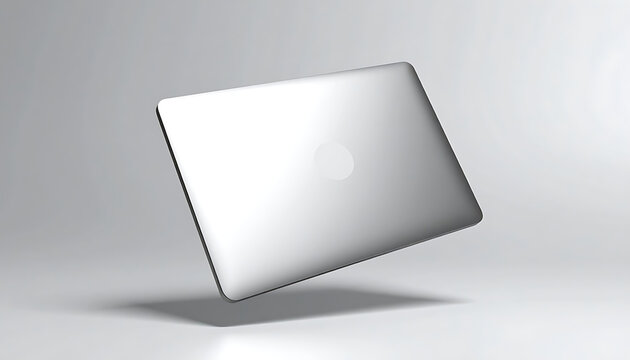 Closed modern silver laptop computer floating mid-air, sleek design, tech product, digital device, clean background