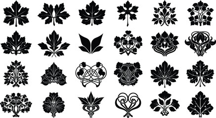 Black ornamental floral motif collection, decorative leaf and blossom silhouettes, symmetrical botanical vector illustration set, intricate design elements, isolated background © jamiul