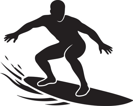 Surfer vector silhouette illustration isolated on white background man black full body surfing on surfboard ocean wave water sports logo design mascot graphic emblem print art clothing commercial stoc