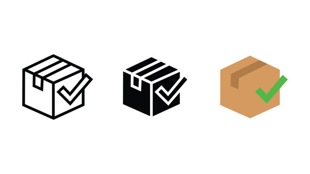 Delivered package icon set cardboard box with check mark outline solid and color vector