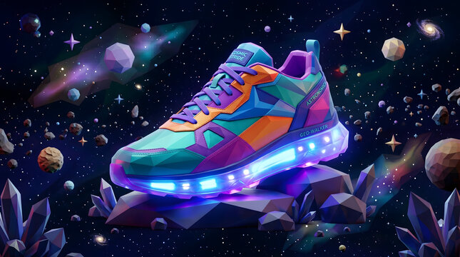futuristic sneaker with glowing sole in space