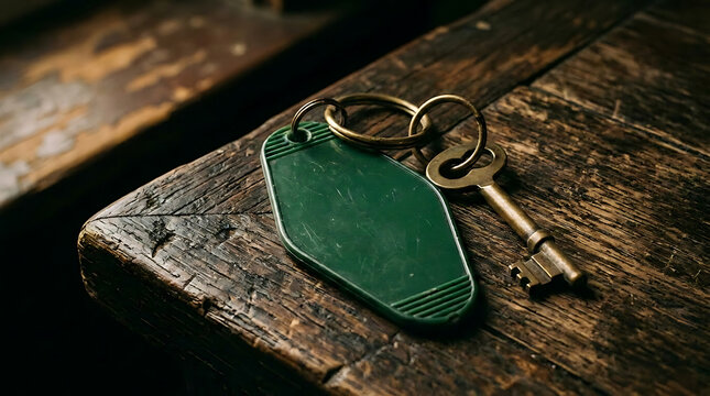 Vintage hotel room key with green plastic tag lying on a rustic dark wooden table surface in a dimly lit nostalgic atmosphere for travel and accommodation concepts