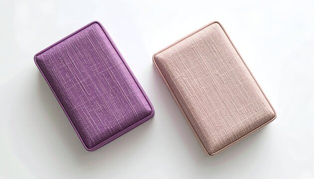 Two rectangular cushions, purple and beige, with textured fabric, on a white surface