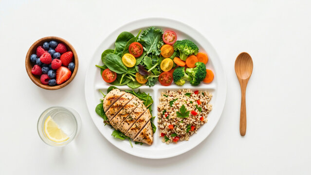 Healthy balanced meal plate divided into three sections, nutrition concept, balanced diet, healthy eating plan, wellness food, portion control nutritionist