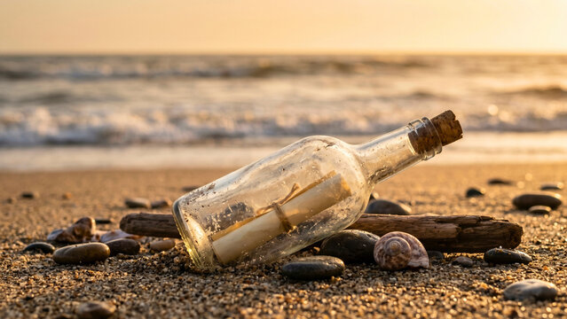Glass bottle with rolled paper message on sandy beach, hope distant communication concept, untold story, mystery message, longing connection, nostalgic adventure beach