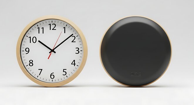 Isolated modern round wall clock with wooden frame, black and white dial showing front and back view for interior design
