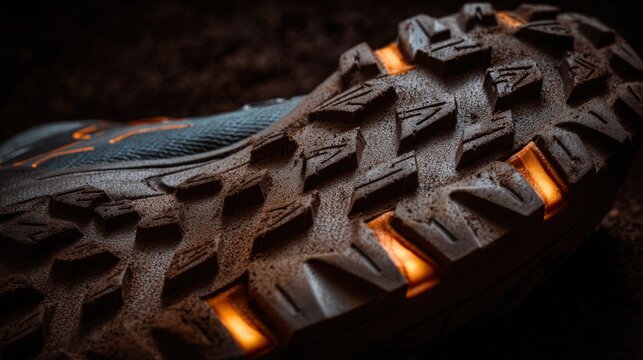 trail running shoes sole macro dirt grip texture outdoor sports detail realistic lighting