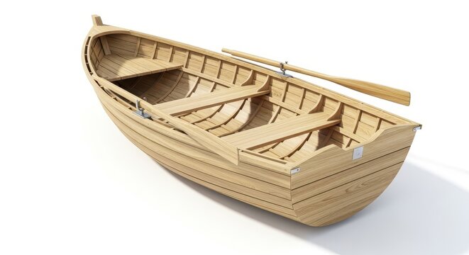 Classic Wooden Rowing Boat with Oars Isolated on White Background - 3D Illustration
