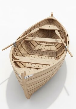 Classic Wooden Rowboat with Oars Isolated on White Background - 3D Illustration of a Traditional Small Timber Boat