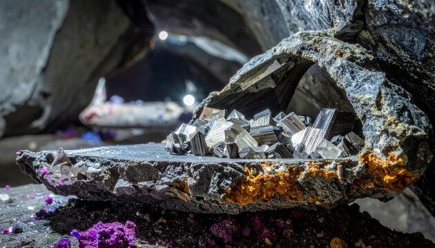Close-up view of a collection of raw, metallic pyrite crystals clustered on rough rock surfaces
