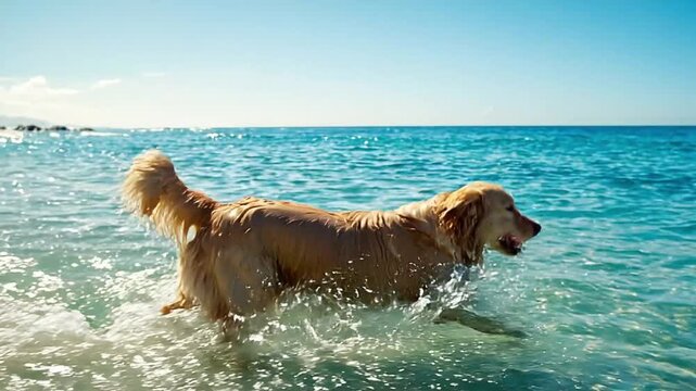 Golden Retriever Entering Blue Ocean on a Sunny Tropical Day
