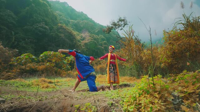 Javanese Folk Dancers Posing in Tropical Field
