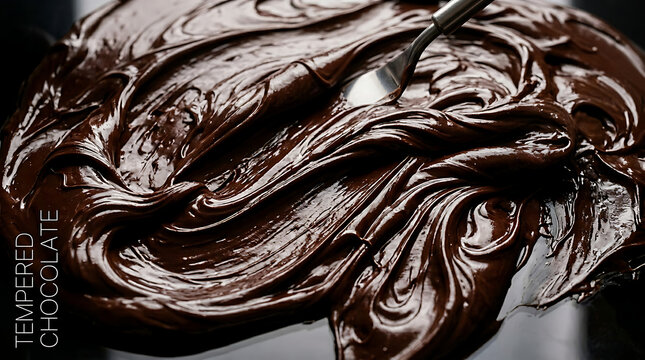 Spoon spreading and texturing rich dark melted chocolate ganache close-up