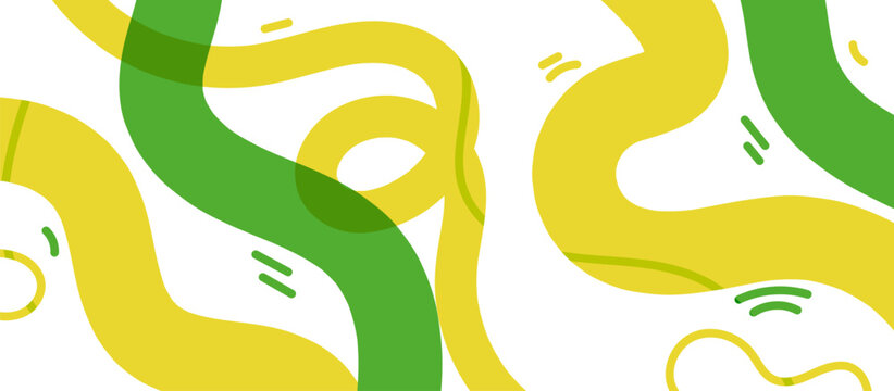 Bright green and yellow wavy lines dance across clean white space