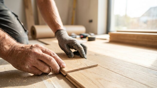 Handwerker verlegt neuen Holzboden. Nahaufnahme der H&auml;nde beim Verlegen von Laminat oder Parkett auf einer Baustelle bei der Hausrenovierung