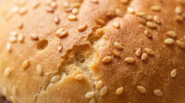 Close up of a golden brown sesame seed bun with a textured surface and visible crumb