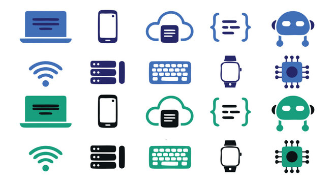 Set of technology icons including laptop, smartphone, cloud, code, robot, and computer chip