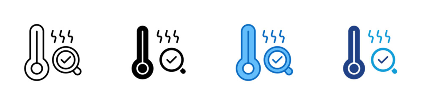 Temperature Check Multiple Style Icon Design Vector - Thermometer with check magnifier representing temperature monitoring, safety inspection, and condition verification
