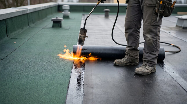 Close up of roofer worker installing bituminous waterproofing membrane sheet on flat roof with propane torch