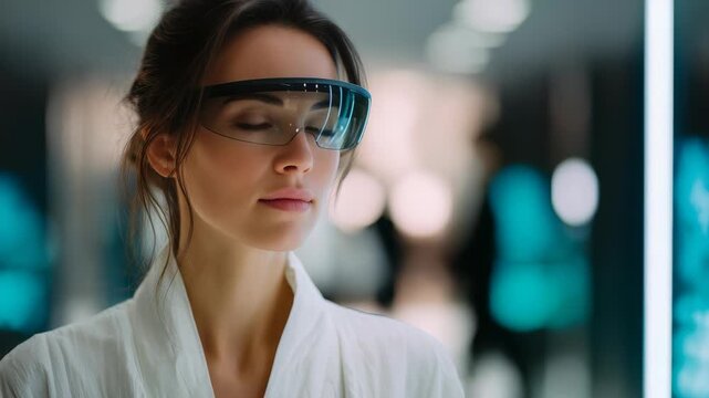 A stylish female professional wears augmented reality glasses, interacting with immersive digital displays in a sleek, high tech setting. The scene highlights innovation and connectivity