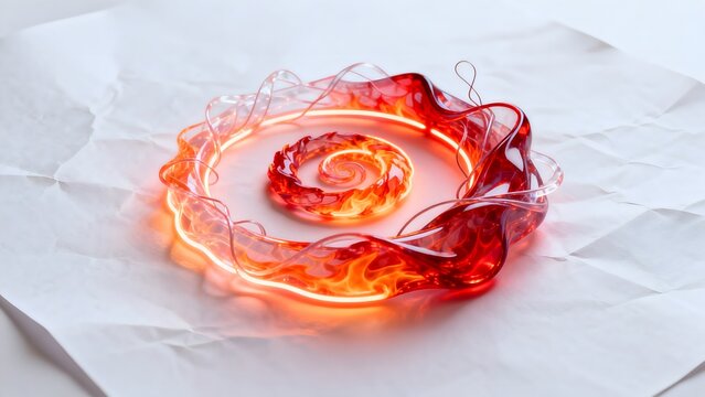 Glowing spiral glass art on crumpled paper