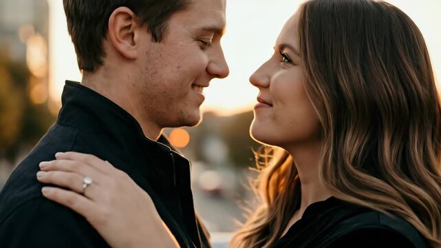 caucasian couple in love touching foreheads at sunset. woman hand with diamond engagement ring on man shoulder. romance, marriage proposal, wedding planning, jewelry