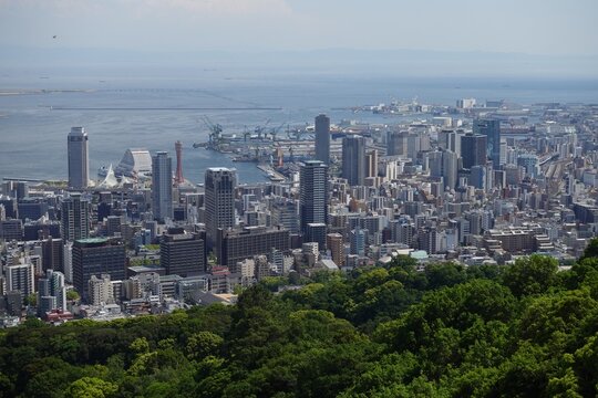 japan kobe hyogo Harbor city skyline with port buildings and coastal sea view