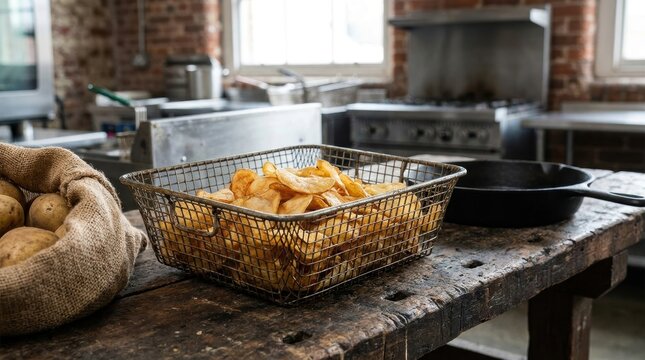 Freshly made potato chips in a metal basket with raw potatoes and a cast iron pan