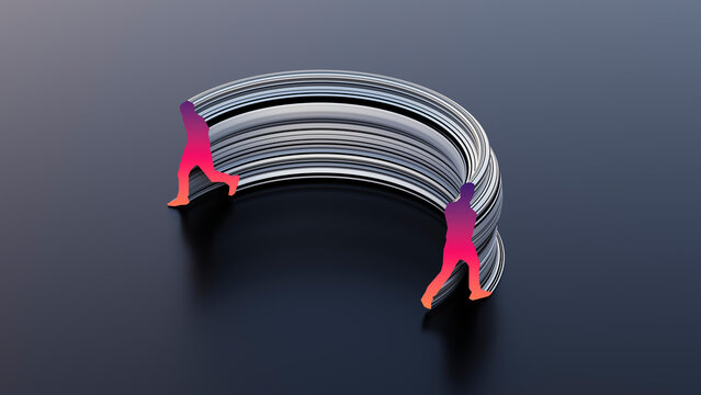 3D rendering of walking silhouette connected by stretched trail