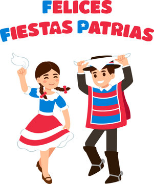 Cute cartoon children dancing traditional dance Cueca, celebrating Chilean holiday Dieciocho. Vector illustration. Boy and girl in national costumes on Fiestas Patrias with text banner.