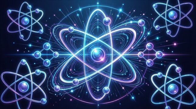 Atomic model visualization glowing orbitals on dark background
