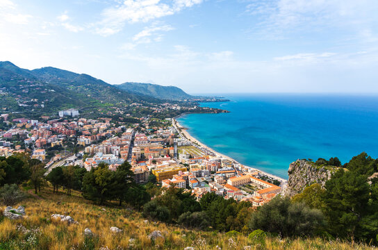 High angle view of Cefal� town and coastline in Sicily Italy