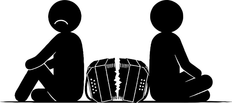 Sad people sitting back to back with broken bandoneon