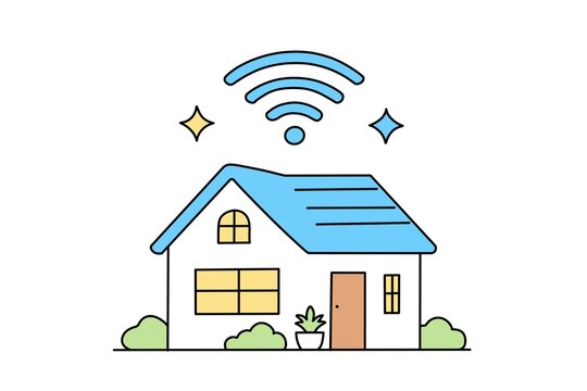 Smart home illustration with wifi signal symbol over modern house