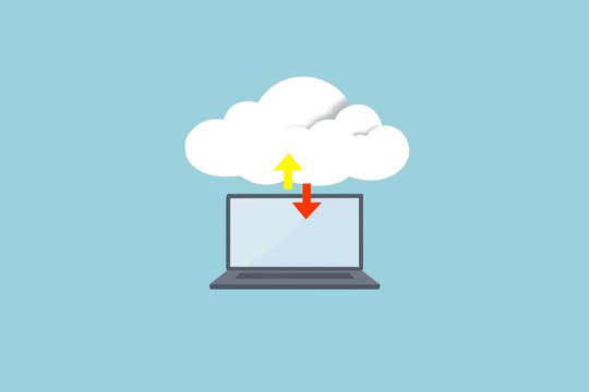 Cloud computing concept with laptop and data transfer arrows