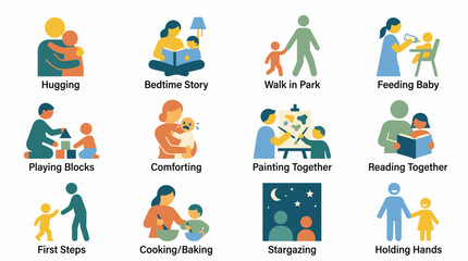 Fototapeta premium Set of flat vector icons showing parents and children daily activities