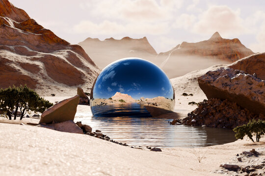 Surreal 3D landscape with a mirrored glass sphere in desert water