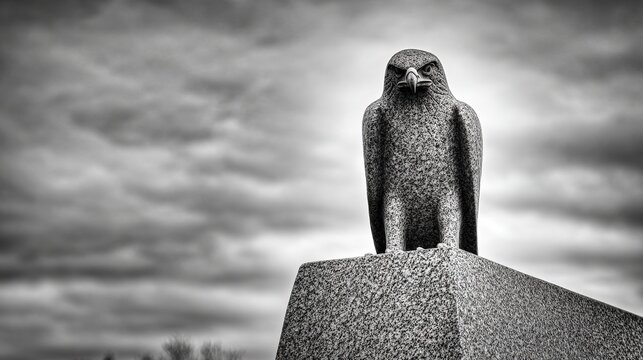 Stone eagle on prison column, solemn overlooking, low-angle close-up, rough granite, overcast soft light, shallow depth for authority