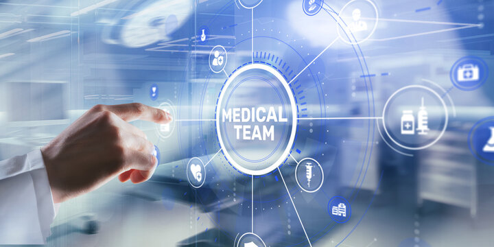 The inscription MEDICAL TEAM on a blurred hospital background with copy space