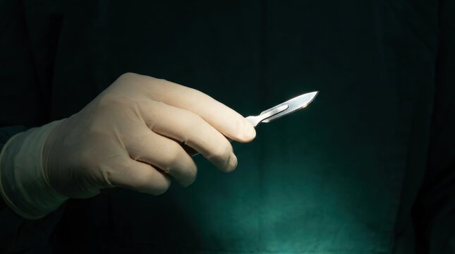 Surgeon's gloved hand holding a sterile surgical scalpel with a sharp blade in dramatic lighting