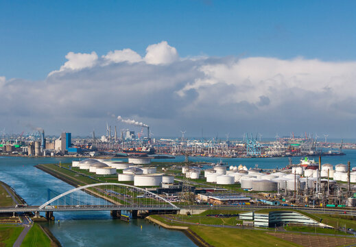 Oil refinery and storage tanks in Rotterdam harbour Netherlands